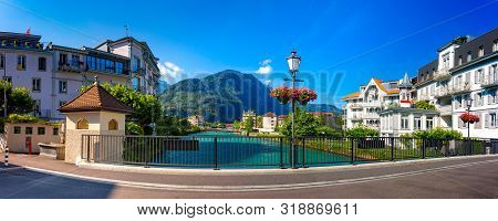 Panoramic View Of Old City And Aare River, Interlaken, Important Tourist Center In The Bernese Highl