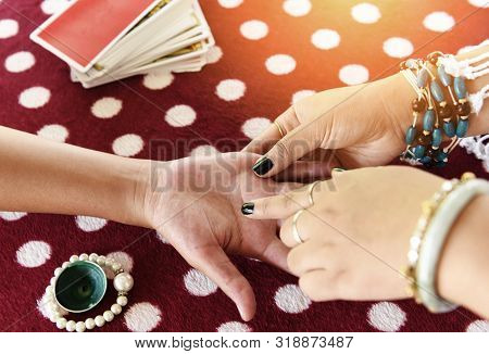 Fortune Teller Reading Fortune Lines On Hand Palmistry Psychic Readings And Clairvoyance Hands Conce