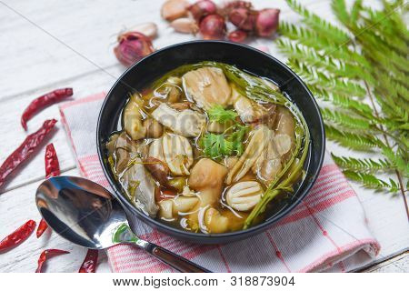 Mushroom Soup Bowl / Yellow Wild Mushroom Or Grisette Amanita Vaginata Edible Mushrooms Cooked Asian