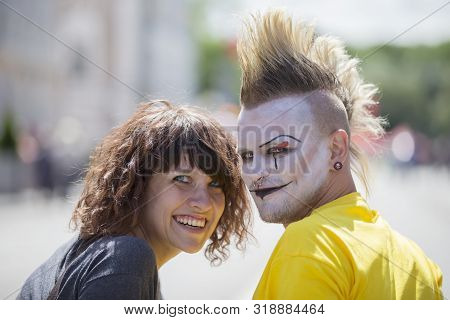 Belarus, The City Of Gimel, July 03, 2019. Youth Festival.guy Punk With A Beautiful Girl On A City S