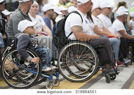 Belarus, The City Of Gimel, July 03, 2019. Youth Festival.marathon Disabled. People In Wheelchairs O