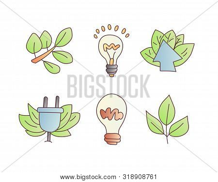 Save Enegry Vector Cartoon Icons. Green Leaves With Bulb, Save The Planet Icon Set. Electricity And 