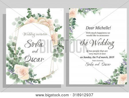 Polygonal Gold Frame, Beige Roses, Eucalyptus, Green Plants And Leaves. All Elements Are Isolated.