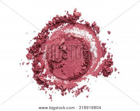 Blush, Eye Shadow Crushed Circle Round Swatch Isolated On White Background. Pink Makeup Face Powder 