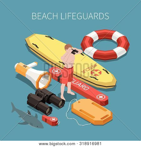 Inventory Of Beach Lifeguard Isometric Composition With Surf Board Loudspeaker Binocular Whisle 3d V