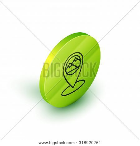 Isometric Line Map Pointer With Mountain Icon Isolated On White Background. Mountains Travel Icon. G
