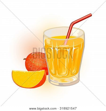 Ripe Mango, Whole And Slice Are Next To Glass Of Yellow Nectar, Juice With Straw. Aam Panna. Tropica