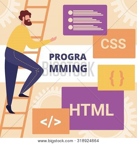 Tech Application Software Development Work. Man Programmer And Designer Working At New Web Site Page