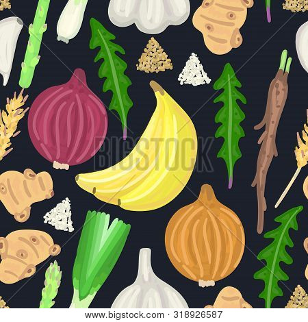 Seamless Pattern With Prebiotic Food. Nutrition. Nondigestible Fibers. Gastrointestinal Health. Heal