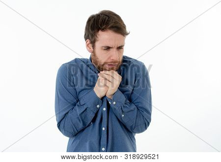 Portrait Of Young Man In Shock With Scared Face Paralysed With Fear And Frightened Face Looking At S