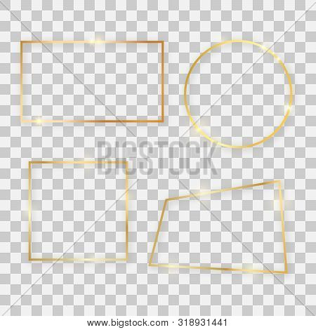 Gold Shiny Frames With Glowing Effects. Set Of Four Gold Rectangular, Round, Square And Quadrangular