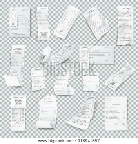 Rumpled Realistic Receipt Set. Paper Receipts With Payment,