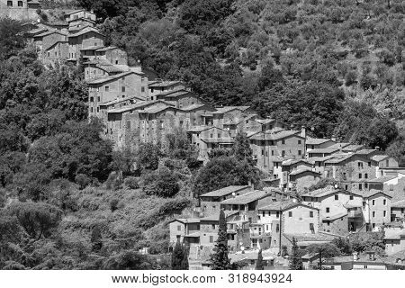 Hills Near Collodi, Lucca, Tuscany, Italy, At Early Summer. Houses. Black And White