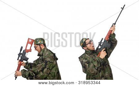 Military man with a gun isolated on white