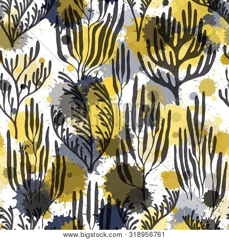 Coral Reef Seamless Pattern. Paint Splashes Drops Watercolor Background. Exotic Marine Life Pattern.