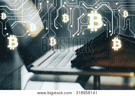 Close Up Of Hands Using Laptop With Abstract Glowing Money Circuit And Binary Code On Blurry Backgro