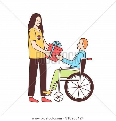 Cute Female Volunteer Giving Gift To Disabled Person In Wheelchair Isolated On White Background. Vol