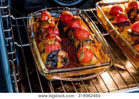 Turkish Islim Kofta Kebab With Meatballs And Cherry Tomatoes Wrapped In Eggplant / Aubergine Slices