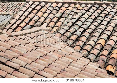 Antique Clay Roof Tiles Of The Historical Houses In The Small Town Of Mongui In Colombia