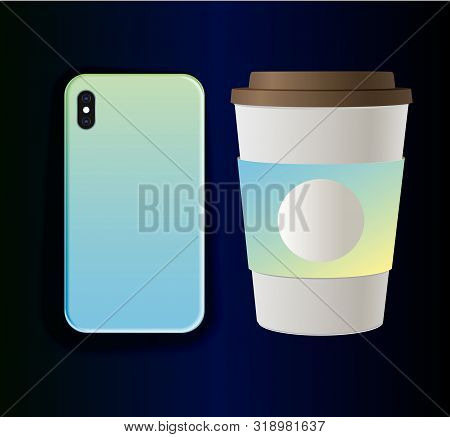 Vector Collection - Mock Up Smartphone Case And Cardboard Coffee Cup. Stylish Light Blue Gradient Pr