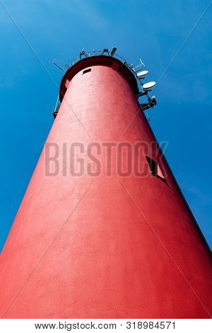 Krynica Morska, Pomorskie / Poland - August, 26, 2019: Lighthouse Standing On The Shore Of The Gdans