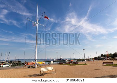 Krynica Morska, Pomorskie / Poland - August, 26, 2019: Fishing Port On The Vistula Lagoon. Harbor Bu