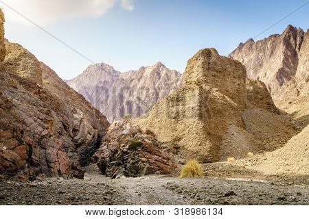 Scenic landscape in Hajar Mountains near Hatta, UAE