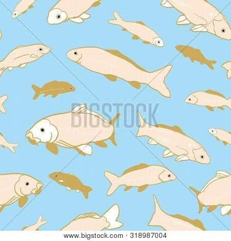 Wavy Sealife Goldfish Koi Seamless Pattern. With Carp Fish In Tones Of Beige And Rose Color. Modern,