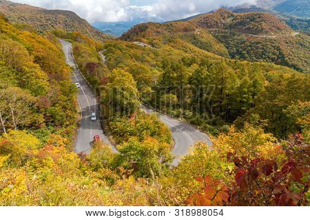 Autumn fall foliage Mountain at Bandai Azuma Skyline at Mt.Bandai in Fukushima Tohoku Japan