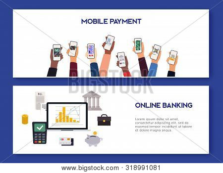 Mobile Payment And Mobile Banking Concept. Flat Design Vector Illustration Concepts Of Online Paymen
