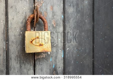 The Rusty Lock With Wood Door, Old Lock Close Home Door.