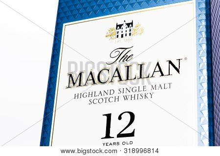 Sankt-petersburg, Russia - August 08, 2019:  Macallan Highland Single Malt Scotch Whiskey Box Close 