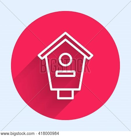 White Line Bird House Icon Isolated With Long Shadow. Nesting Box Birdhouse, Homemade Building For B