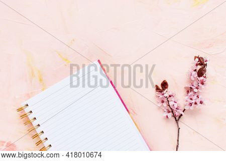 Open Notepad And Spring Branch With Pink Flowers, Pastel Background, Woman Desk Workspace. Spring Li