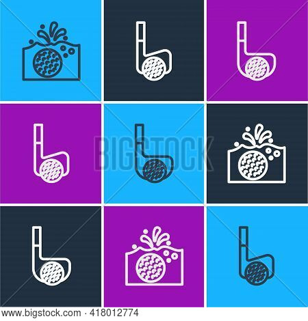 Set Line Golf Ball In Water, Club With And Icon. Vector