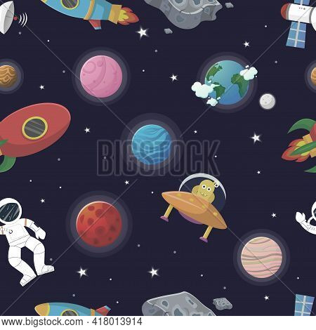 Cosmic Fabric For Kids. Astronaut With Rocket And
