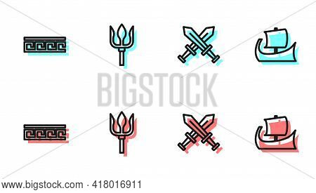Set Line Crossed Medieval Sword, Ancient Greek Pattern, Neptune Trident And Trireme Icon. Vector