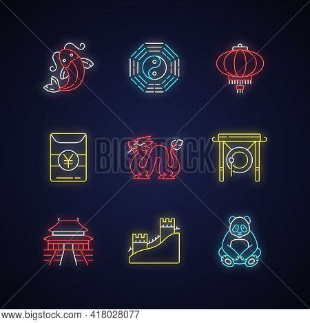 Oriental Culture Neon Light Icons Set. Koi Fish. Bagua, Hong Bao. Chinese Lantern. Loong Dragon. Lun