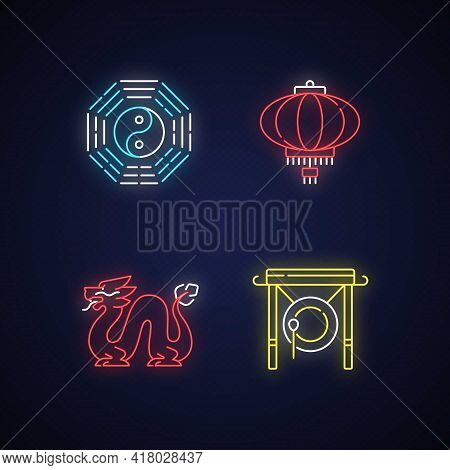 Lunar New Year Attributes Neon Light Icons Set. Bagua, Feng Shui. Paper Lantern. Loong Dragon. Chine