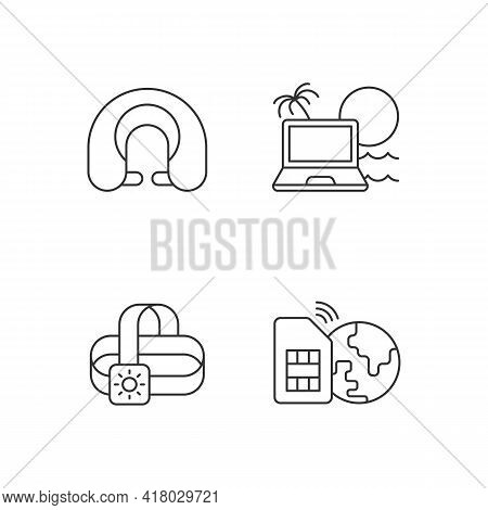 Nomadic Lifestyle Linear Icons Set. Trip Gear. Neck Pillow. Laptop For Digital Nomad. Summer Vacatio