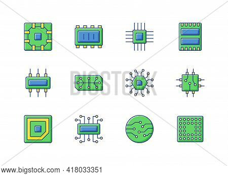 Microcircuits Rgb Color Icons Set. Designing Modern Microcomponents For Device Creation. Building El