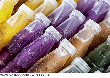 Bottles Of Fresh Juices From Different Fruits Smoothies