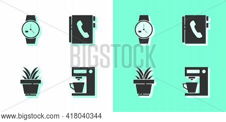 Set Coffee Machine, Wrist Watch, Plant Pot And Address Book Icon. Vector