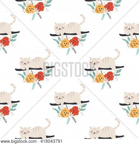 Seamless Pattern With Funny Smiling Cheshire Cat