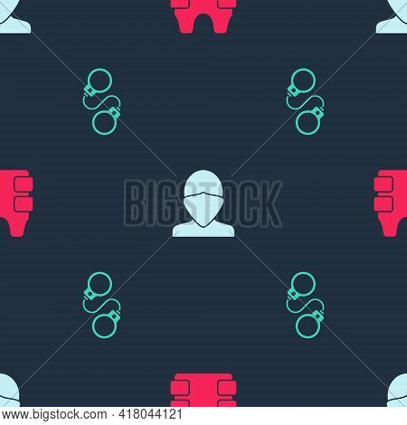 Set Bulletproof Vest, Vandal And Handcuffs On Seamless Pattern. Vector