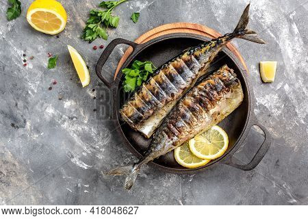 Oktoberfest Menu. Grilled Mackerel Fish With Lemon Herbs And Spices, Restaurant Menu, Dieting, Cookb