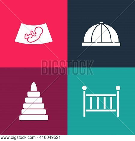 Set Pop Art Baby Crib Cradle, Pyramid Toy, Hat And Ultrasound Of Baby Icon. Vector