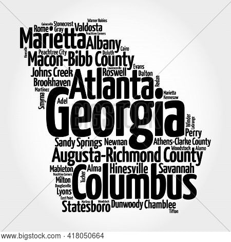 List Of Cities In Georgia Usa State, Map Silhouette Word Cloud Map Concept