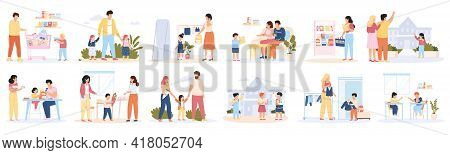 Back To School. School Education Preparation, Parents And Children Buying School Supplies Vector Ill