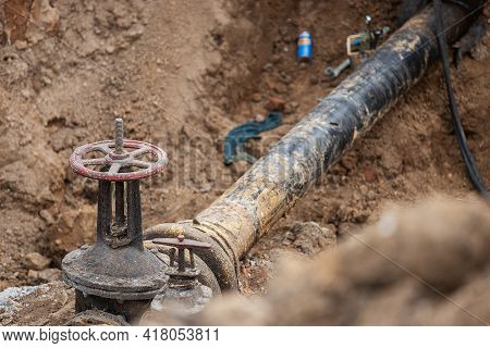 Emergency Services, The Repair Team Provides Safety During The Replacement Of Pipes, Old Communicati